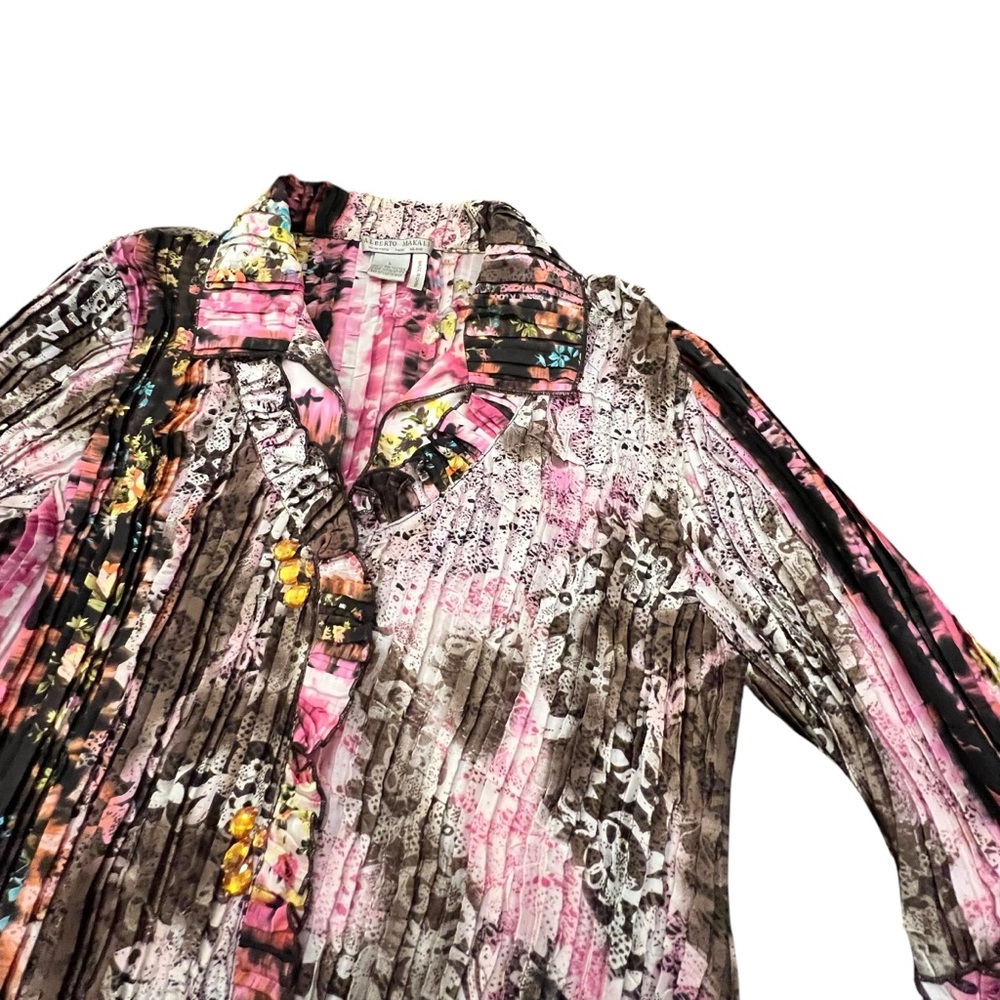 Alberto Makali Vintage Floral Abstract Short Sleeve Top Crinkle Ruffle Designer - Picture 10 of 15